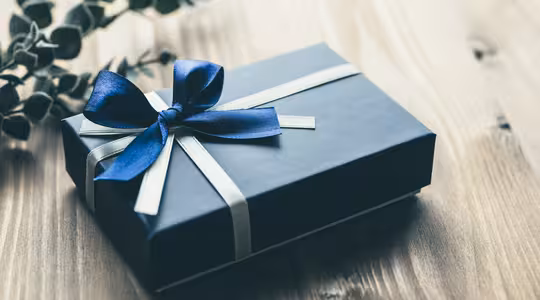 A blue gift box wrapped with a white ribbon and a blue bow sits on a wooden surface. A sprig of greenery is placed beside the box.